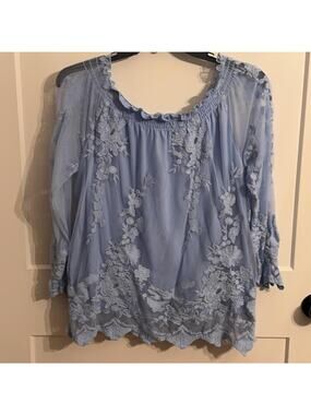 Reunited Clothing Tunic Blouse Womens XL Blue Embroidered Lace Sheer Boho